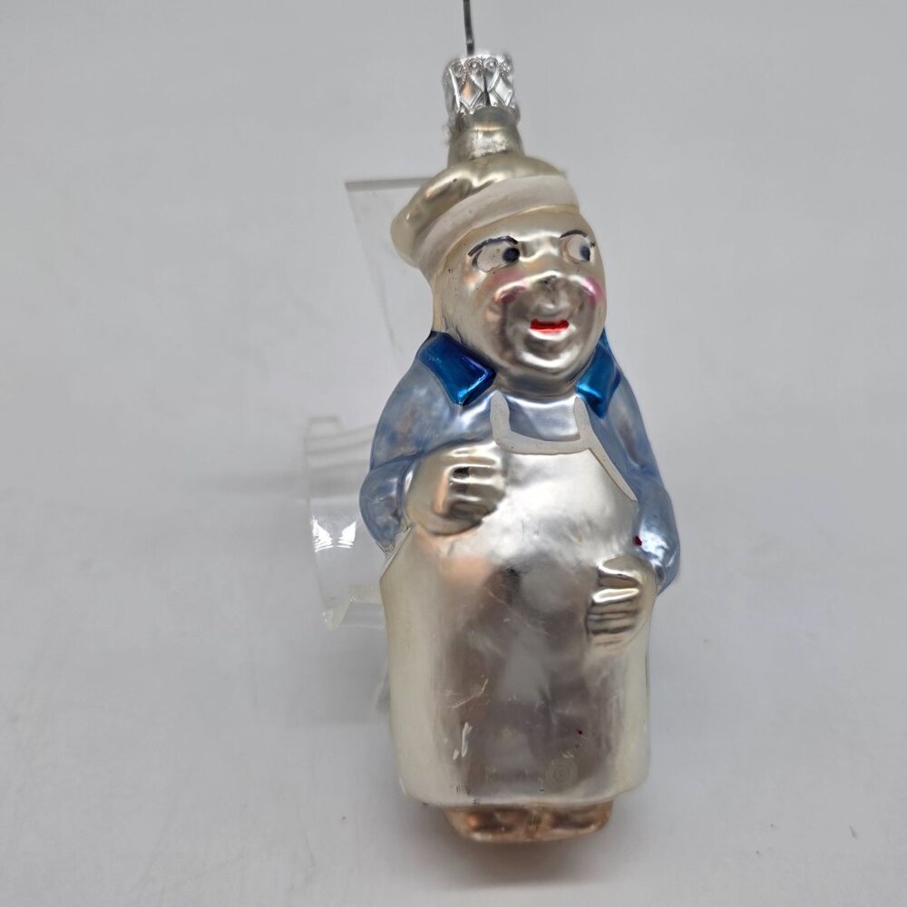 Inge Glas Chef German Glass Christmas Ornament Blue White 5"